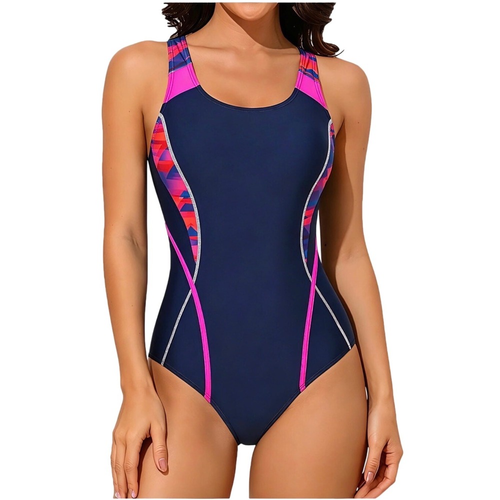 Womens One Piece Swimsuit Navy Pink Racerback UPF 50+ Athletic Lap Swimwear